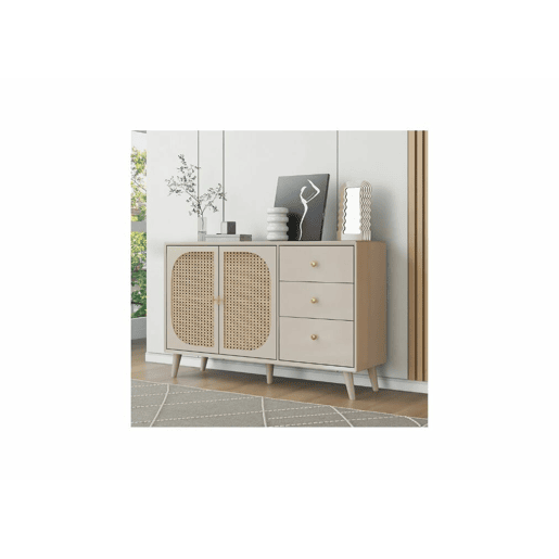 Aparador com efeito madeira clara com portas e gavetas creme off-white com puxadores dourados 120*40*82cm