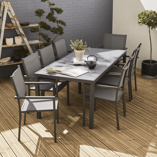 Mesa de jardim em alumínio e textilene, 8 cadeiras, Capua 180, Antracite, 182.5x90x71 cm