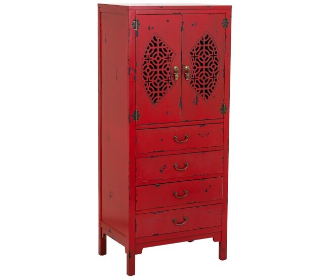 Armario de madera con 4 cajones y 2 puertas rojo 60x40x140h cm