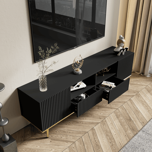 Móvel moderno para televisão - com 2 portas e 2 gavetas - pés metálicos - Preto
