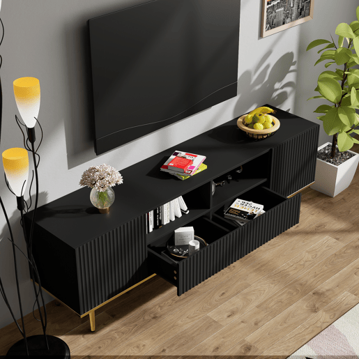 Móvel moderno para televisão - com 2 portas e 2 gavetas - pés metálicos - Preto