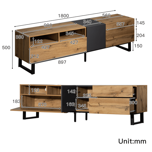 Móvel TV 180cm - 2 gavetas e 5 compartimentos - estilo industrial - Natural