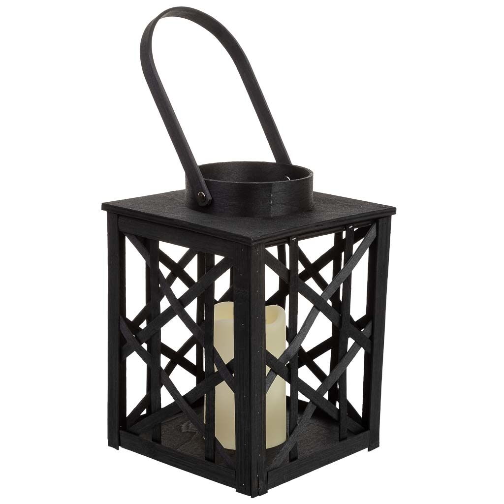 Farol de bambú y madera con vela a pilas