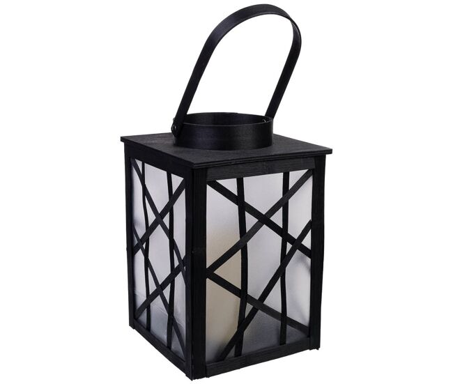 Farol de plástico y madera con vela a pilas