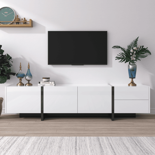 Armário moderno de 190 cm para televisão com 3 portas e 2 gavetas - branco e preto brilhante