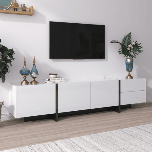 Armário moderno de 190 cm para televisão com 3 portas e 2 gavetas - branco e preto brilhante