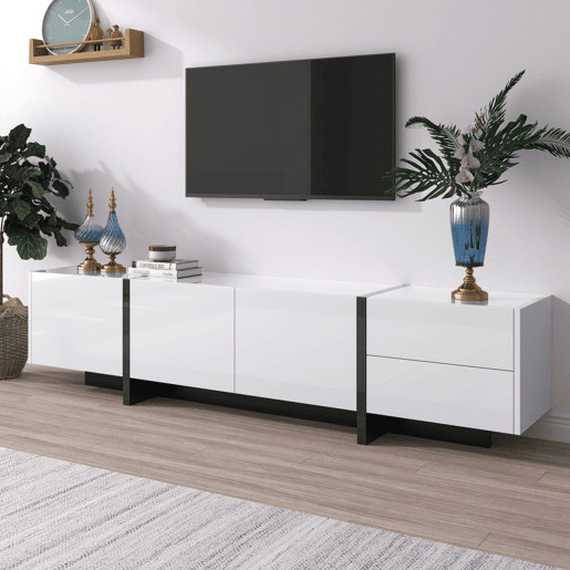 Armário moderno de 190 cm para televisão com 3 portas e 2 gavetas - branco e preto brilhante