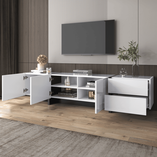 Armário moderno de 190 cm para televisão com 3 portas e 2 gavetas - branco e preto brilhante