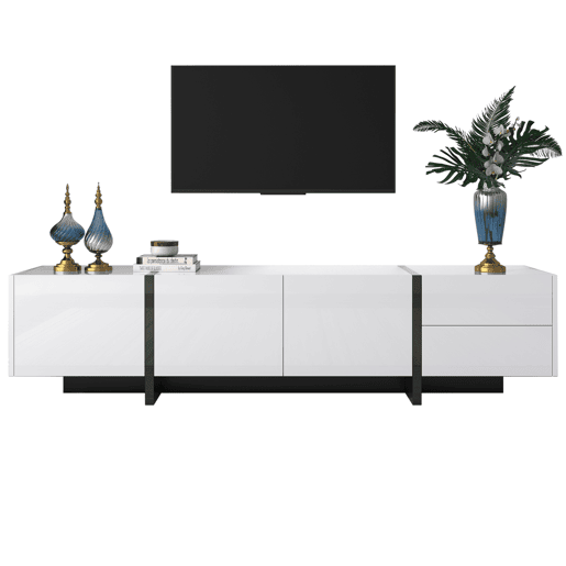 Armário moderno de 190 cm para televisão com 3 portas e 2 gavetas - branco e preto brilhante