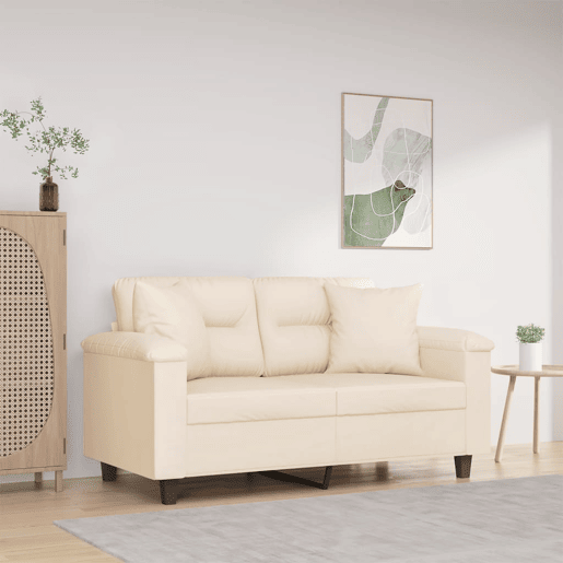 Sofá 2 lugares - Sofá fixo c almofadas 120 cm microfibra bege Sofá 2 lugares - Sofá fixo c almofadas 120 cm microfibra bege