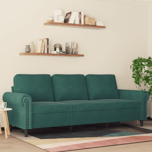 Sofá de 3 lugares - Sofá fixo 180 cm veludo verde-escuro