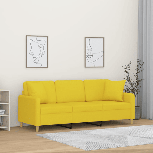 Sofá 3 lugares - Sofá fixo + almofadas decoração 180cm tecido amarelo-claro Sofá 3 lugares - Sofá fixo + almofadas decoração 180cm tecido amarelo-claro