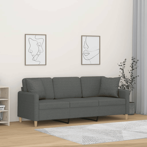 Sofá 3 lugares - Sofá fixo + almofadas decoração 180 cm tecido cinza-escuro Sofá 3 lugares - Sofá fixo + almofadas decoração 180 cm tecido cinza-escuro