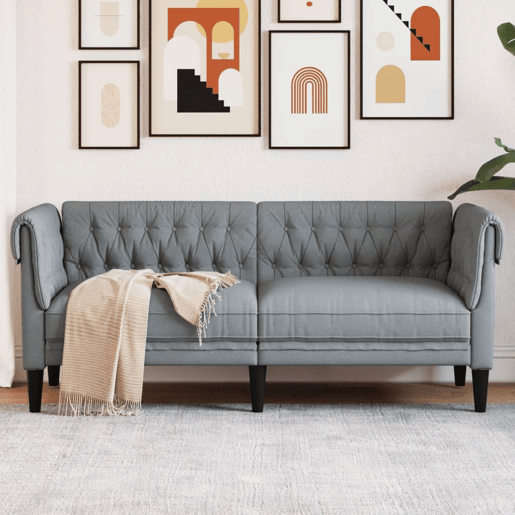 Sofá chesterfield de 2 lugares - Sofá fixo tecido cinzento-claro Sofá chesterfield de 2 lugares - Sofá fixo tecido cinzento-claro