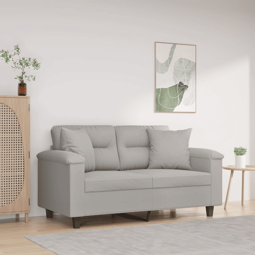 Sofá 2 lugares - Sofá fixo c almofadas 120 cm microfibra cinzento-claro Sofá 2 lugares - Sofá fixo c almofadas 120 cm microfibra cinzento-claro