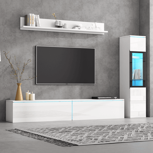 Armário TV com arrumação - Armário TV + Vitrina com LED + Ecrã - Branco Armário TV com arrumação - Armário TV + Vitrina com LED + Ecrã - Branco