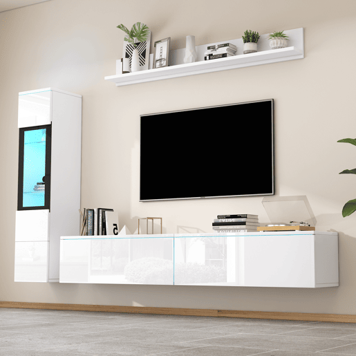 Armário TV com arrumação - Armário TV + Vitrina com LED + Ecrã - Branco Armário TV com arrumação - Armário TV + Vitrina com LED + Ecrã - Branco
