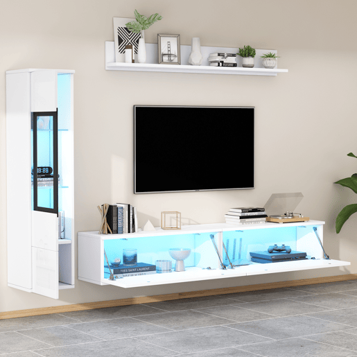 Armário TV com arrumação - Armário TV + Vitrina com LED + Ecrã - Branco Armário TV com arrumação - Armário TV + Vitrina com LED + Ecrã - Branco