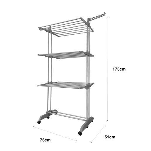 Varal XXL Dobrável Premium Slim Nyana Home | 4 Níveis | Barras de Aço | Suportes Superiores Laterais para Cabides | Pés Dobráveis | 4 Rodas com Freio | Cinza Varal XXL Dobrável Premium Slim Nyana Home | 4 Níveis | Barras de Aço | Suportes Superiores Laterais para Cabides | Pés Dobráveis | 4 Rodas com Freio | Cinza