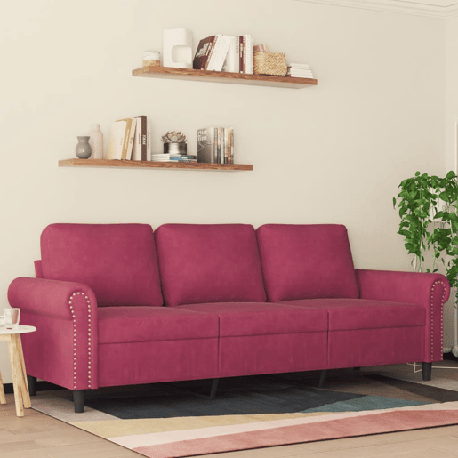 Sofá de 3 lugares - Sofá fixo veludo 180 cm vermelho tinto