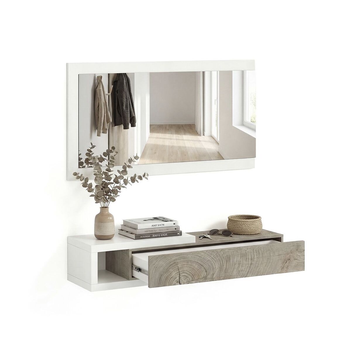 Mueble recibidor con 1 cajón y espejo en blanco mate y roble alaska 95 cm derek blanco artik (blanco mate) – roble alaska 95 x 19 x 26 cm