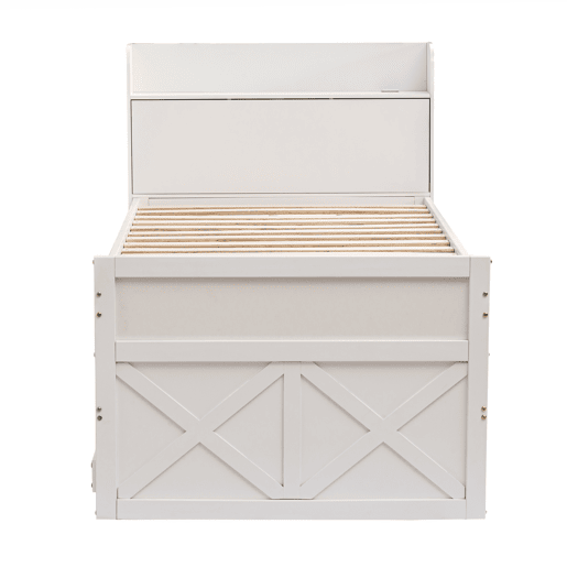 Cama de rodízio em madeira maciça - 90x190cm - com 2 gavetas e porta de carregamento USB na prateleira - Branco
