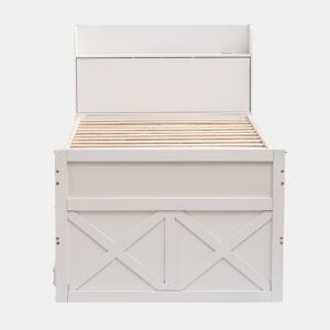 Cama de rodízio em madeira maciça - 90x190cm - com 2 gavetas e porta de carregamento USB na prateleira - Branco