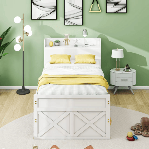 Cama de rodízio em madeira maciça - 90x190cm - com 2 gavetas e porta de carregamento USB na prateleira - Branco