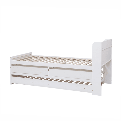 Cama de rodízio em madeira maciça - 90x190cm - com 2 gavetas e porta de carregamento USB na prateleira - Branco