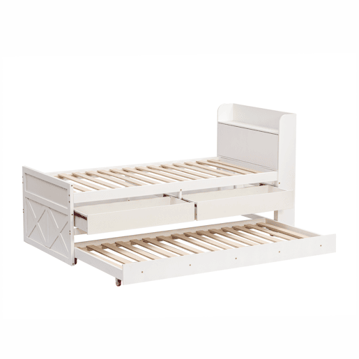 Cama de rodízio em madeira maciça - 90x190cm - com 2 gavetas e porta de carregamento USB na prateleira - Branco