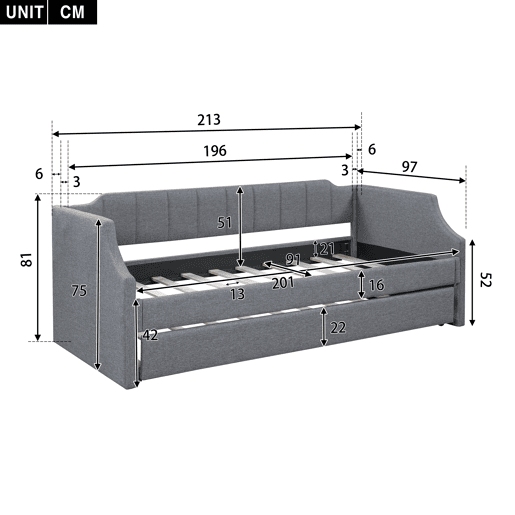Cama de rodízio 90x190200cm em tecido de linho - com estrado de molas - Cinzento