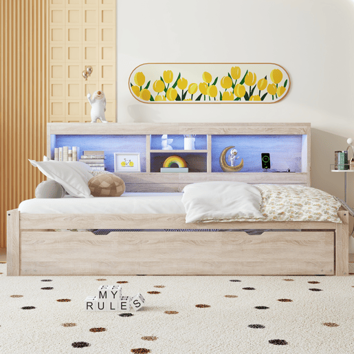 Divã 90x200cm com cama com gavetão 90x190cm - mesa de cabeceira com arrumação, LED e tomadas - Natruel Divã 90x200cm com cama com gavetão 90x190cm - mesa de cabeceira com arrumação, LED e tomadas - Natruel