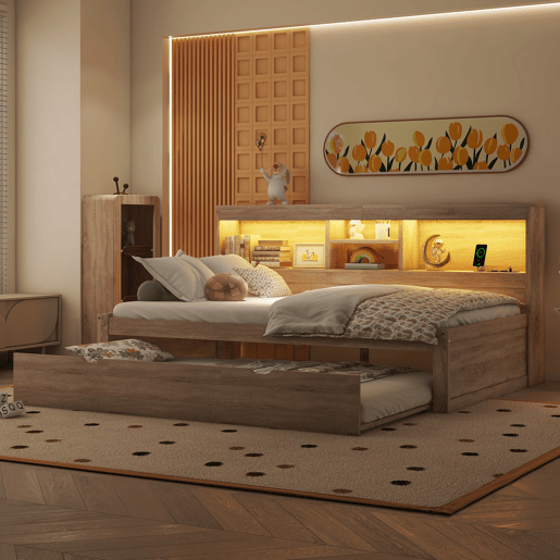 Divã 90x200cm com cama com gavetão 90x190cm - mesa de cabeceira com arrumação, LED e tomadas - Natruel Divã 90x200cm com cama com gavetão 90x190cm - mesa de cabeceira com arrumação, LED e tomadas - Natruel