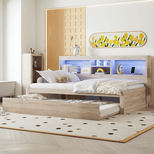 Divã 90x200cm com cama com gavetão 90x190cm - mesa de cabeceira com arrumação, LED e tomadas - Natruel Divã 90x200cm com cama com gavetão 90x190cm - mesa de cabeceira com arrumação, LED e tomadas - Natruel
