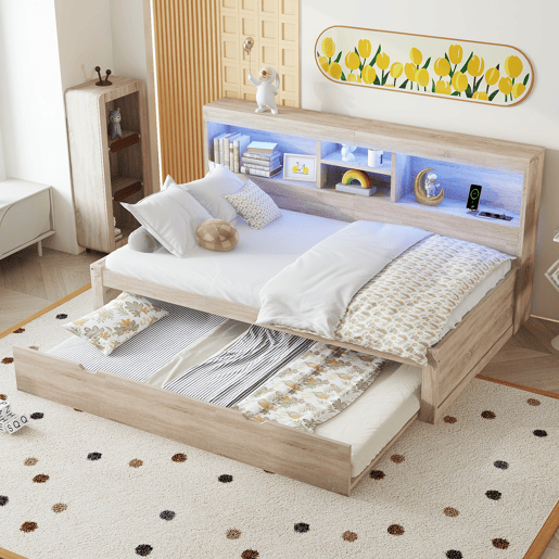 Divã 90x200cm com cama com gavetão 90x190cm - mesa de cabeceira com arrumação, LED e tomadas - Natruel Divã 90x200cm com cama com gavetão 90x190cm - mesa de cabeceira com arrumação, LED e tomadas - Natruel