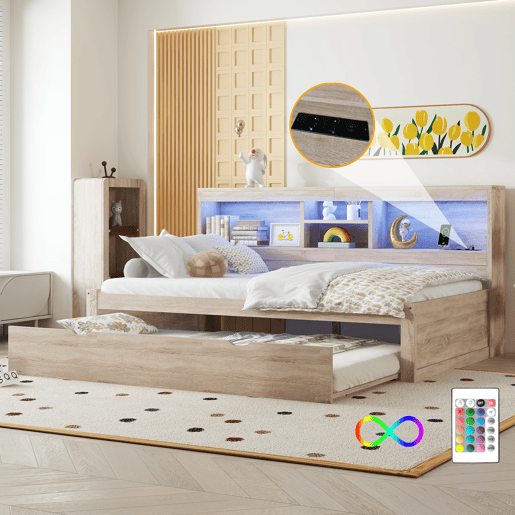 Divã 90x200cm com cama com gavetão 90x190cm - mesa de cabeceira com arrumação, LED e tomadas - Natruel Divã 90x200cm com cama com gavetão 90x190cm - mesa de cabeceira com arrumação, LED e tomadas - Natruel