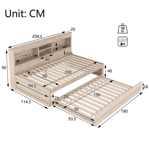 Divã 90x200cm com cama com gavetão 90x190cm - mesa de cabeceira com arrumação, LED e tomadas - Natruel Divã 90x200cm com cama com gavetão 90x190cm - mesa de cabeceira com arrumação, LED e tomadas - Natruel