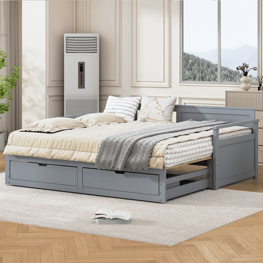 Cama com gavetão 90180x190cm madeira maciça - 2 gavetas com rodas - Cinzento