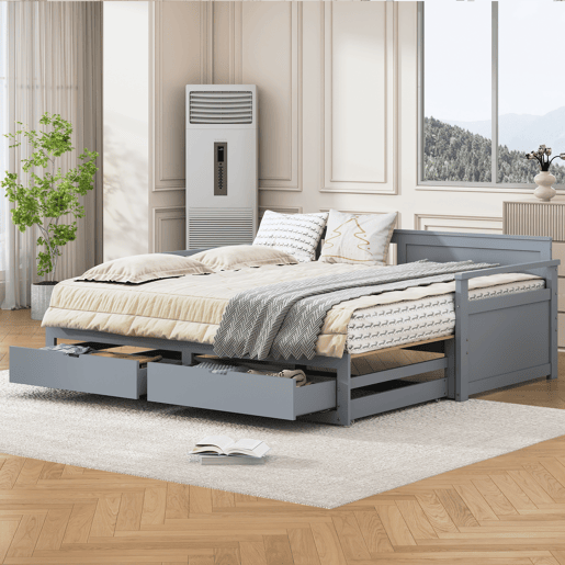 Cama com gavetão 90180x190cm madeira maciça - 2 gavetas com rodas - Cinzento