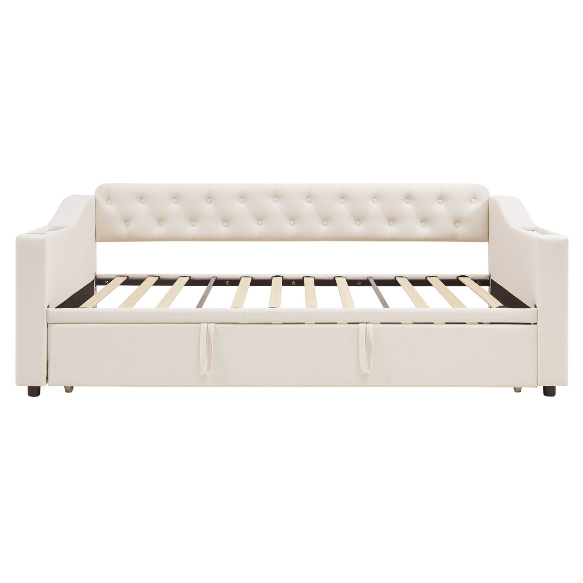 Cama nido 90/180x190 cm - con enchufes y compartimento de almacenaje - tejido terciopelo - beige