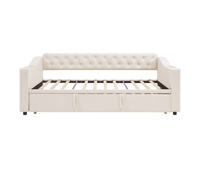 Cama nido 90/180x190 cm - con enchufes y compartimento de almacenaje - tejido terciopelo - beige