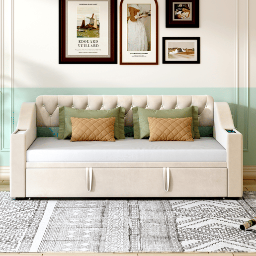 Cama com gavetão 90180x190 cm - com tomadas e compartimento para arrumação - tecido aveludado - Bege