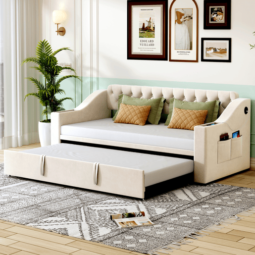 Cama com gavetão 90180x190 cm - com tomadas e compartimento para arrumação - tecido aveludado - Bege
