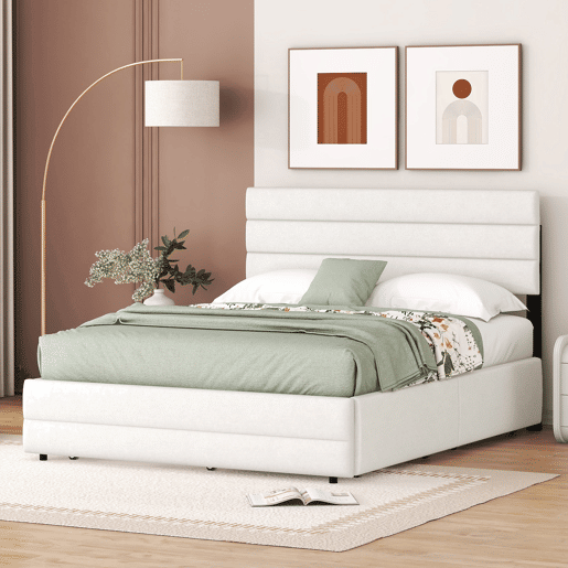 Cama de adulto 140x200 cm em tecido de linho - com cama de rodízio 90x190 cm e 2 gavetas - cabeceira regulável - Branco