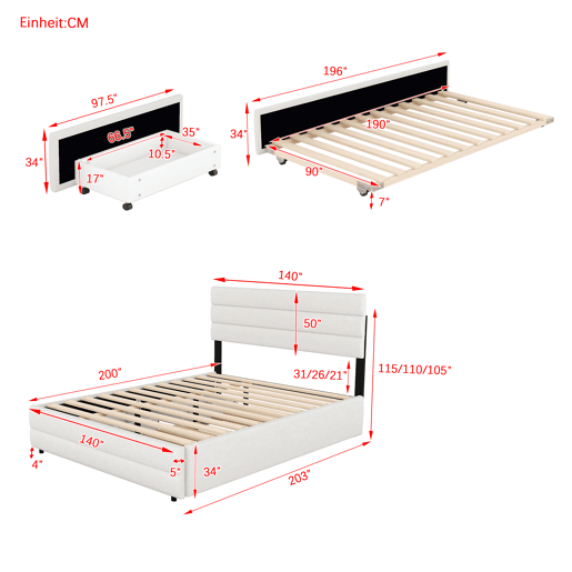 Cama de adulto 140x200 cm em tecido de linho - com cama de rodízio 90x190 cm e 2 gavetas - cabeceira regulável - Branco
