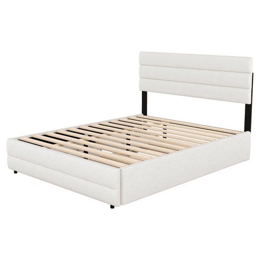 Cama de adulto 140x200 cm em tecido de linho - com cama de rodízio 90x190 cm e 2 gavetas - cabeceira regulável - Branco