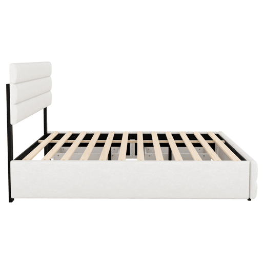 Cama de adulto 140x200 cm em tecido de linho - com cama de rodízio 90x190 cm e 2 gavetas - cabeceira regulável - Branco