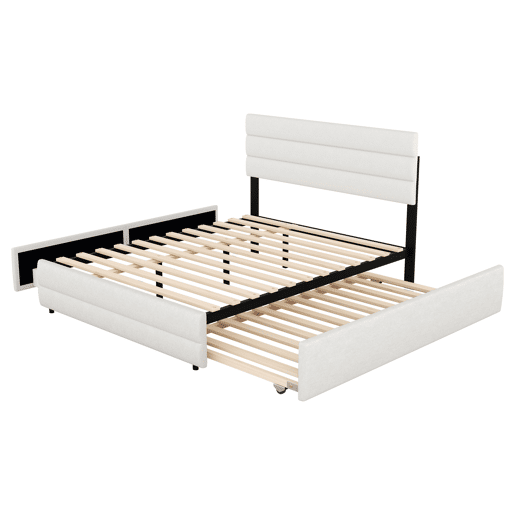 Cama de adulto 140x200 cm em tecido de linho - com cama de rodízio 90x190 cm e 2 gavetas - cabeceira regulável - Branco