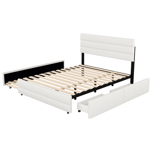 Cama de adulto 140x200 cm em tecido de linho - com cama de rodízio 90x190 cm e 2 gavetas - cabeceira regulável - Branco