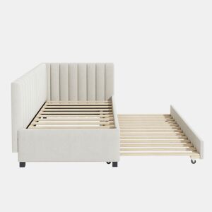 Cama individual 90x200 cm com cama com gavetão - estofada em veludo com estrado de ripas - Bege